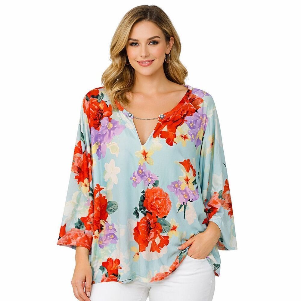 Calvin Klein Tunic Blouse Womens 3X Blue Floral Chain Neck 3/4 Sleeve Top Plus